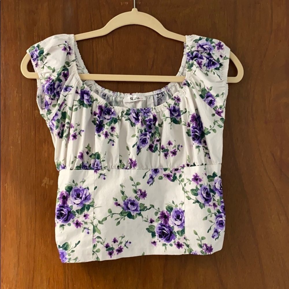 Sara USA White with Purple Roses Peasant Blouse